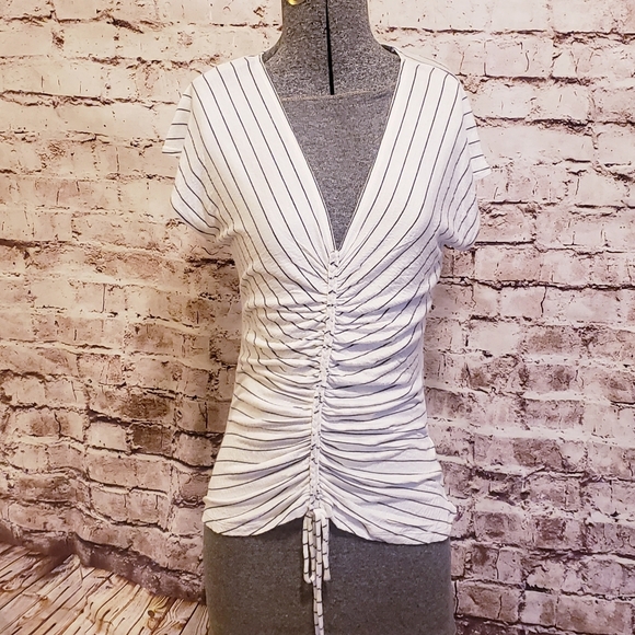 NWT Max Studio Black and White Stripe Top Ruched Front with Braid Trim Small - Picture 1 of 6
